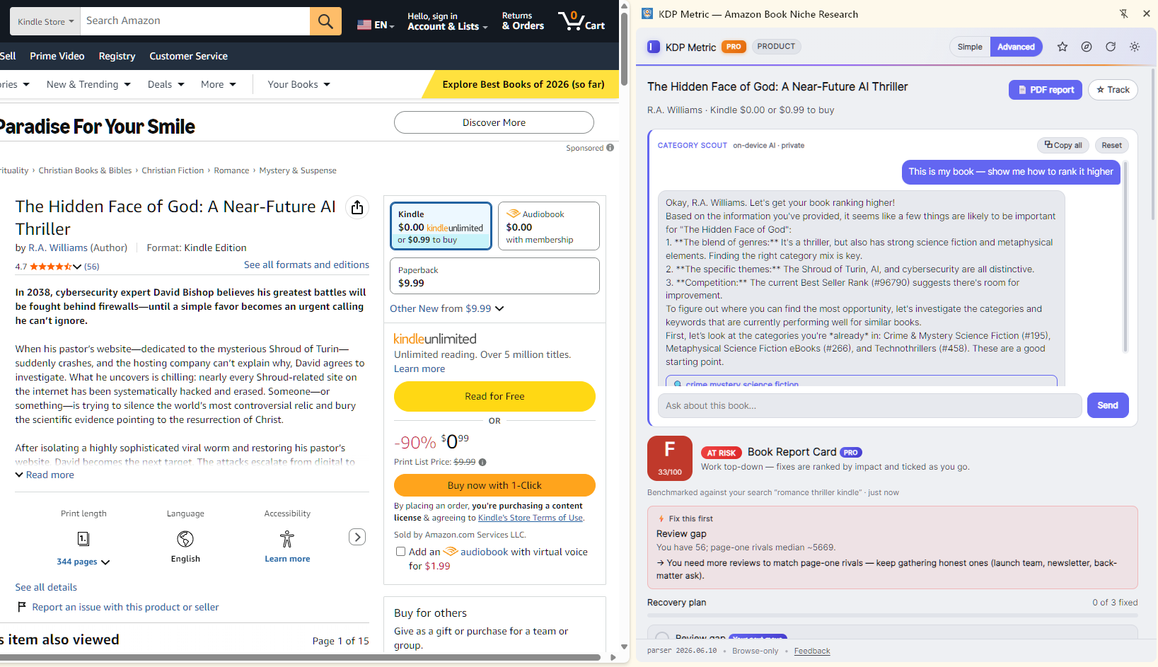Category Scout AI chatting about a book beside its Amazon page