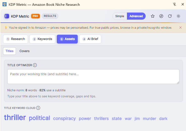 The grouped tab bar — Research, Keywords, Assets, AI Brief — with the Assets sub-tabs open