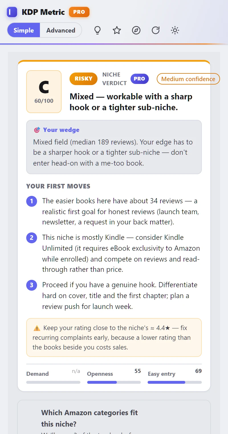 KDP Metric side panel: a C niche verdict with medium confidence, the wedge to aim for and three first moves